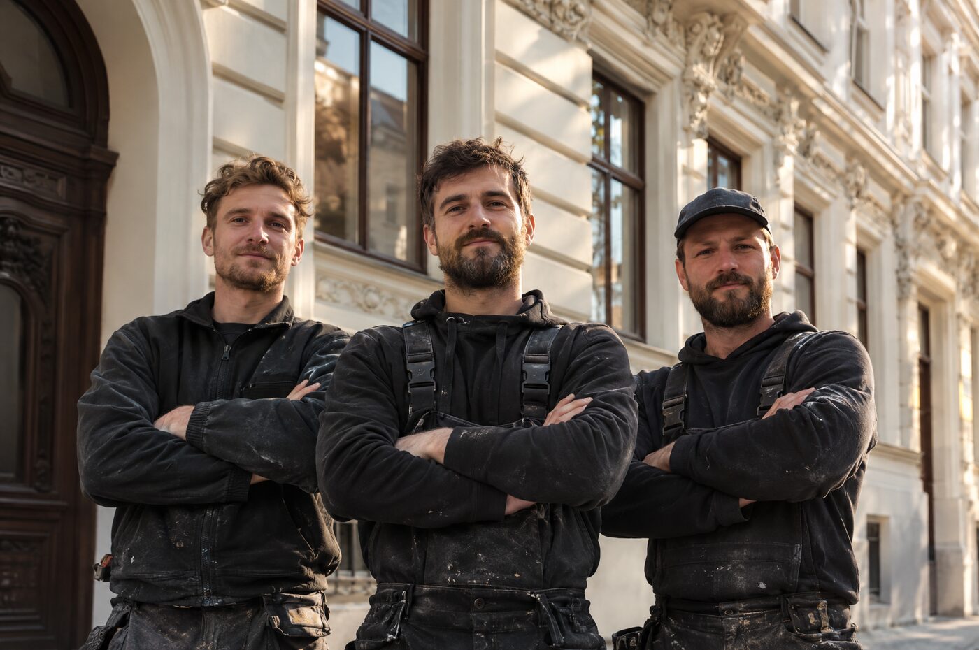 Fassaden-Team vor frisch sanierter Wiener Altbaufassade