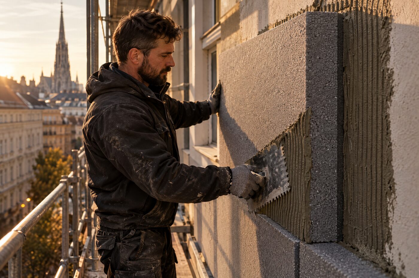 Monteur bringt Dämmplatte eines Vollwärmeschutzes an einer Wiener Fassade an